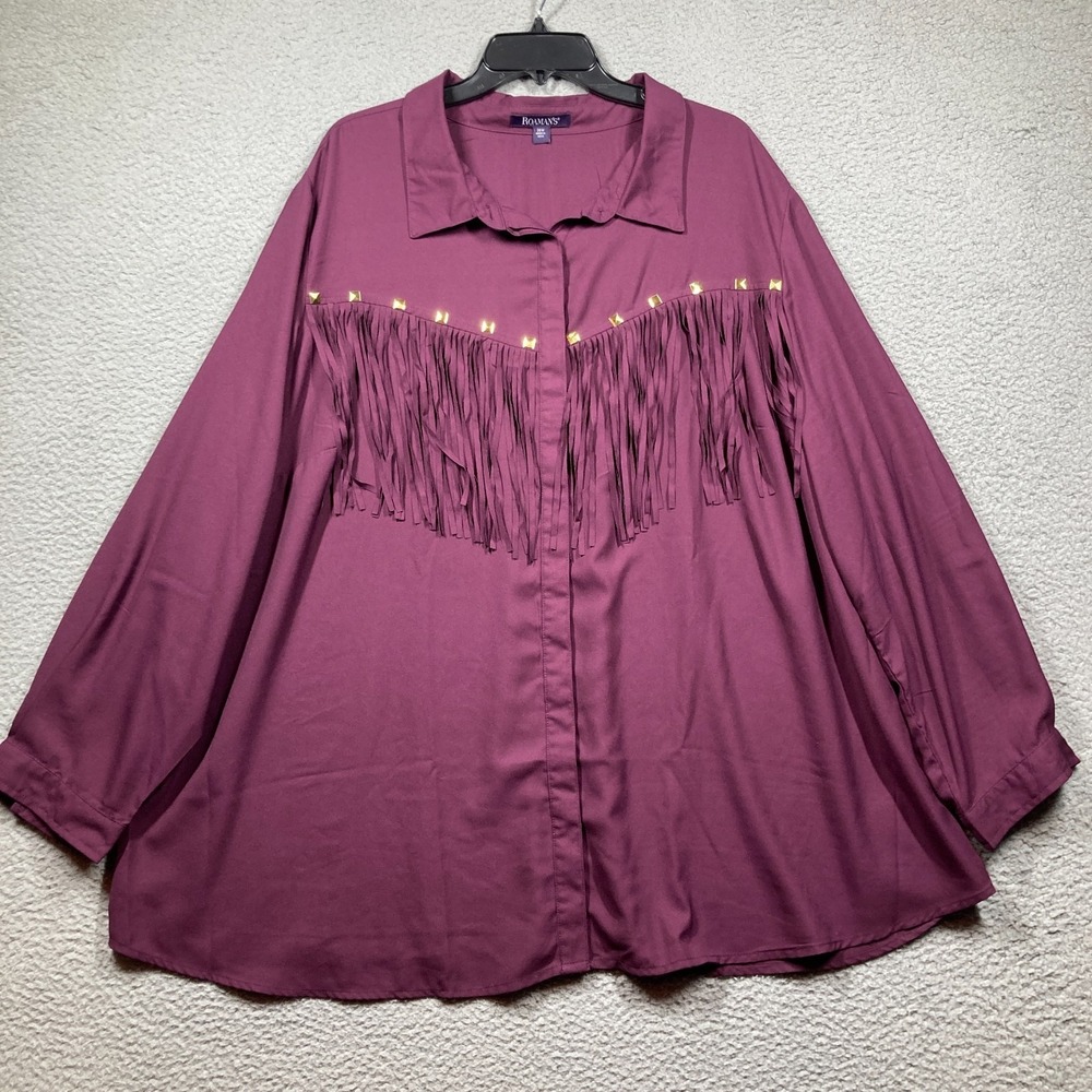 Roamans Western Top Womens Plus 28W Purple‎ Cowgirl Fringe Button Up Flowy Shirt